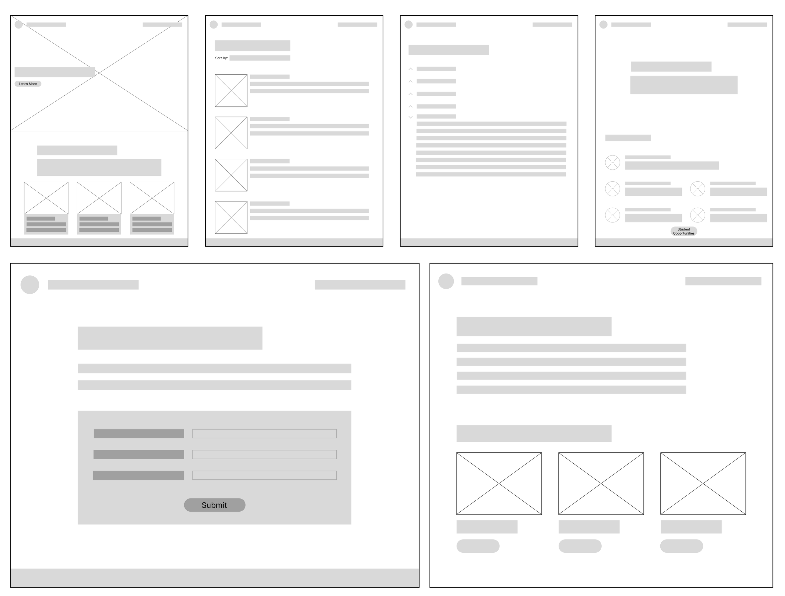 I created low-fidelity wireframes in Figma to map out each page’s structure. Due to Squarespace’s template constraints, my design partner and I moved efficiently from low-fidelity to high-fidelity designs, streamlining the workflow.