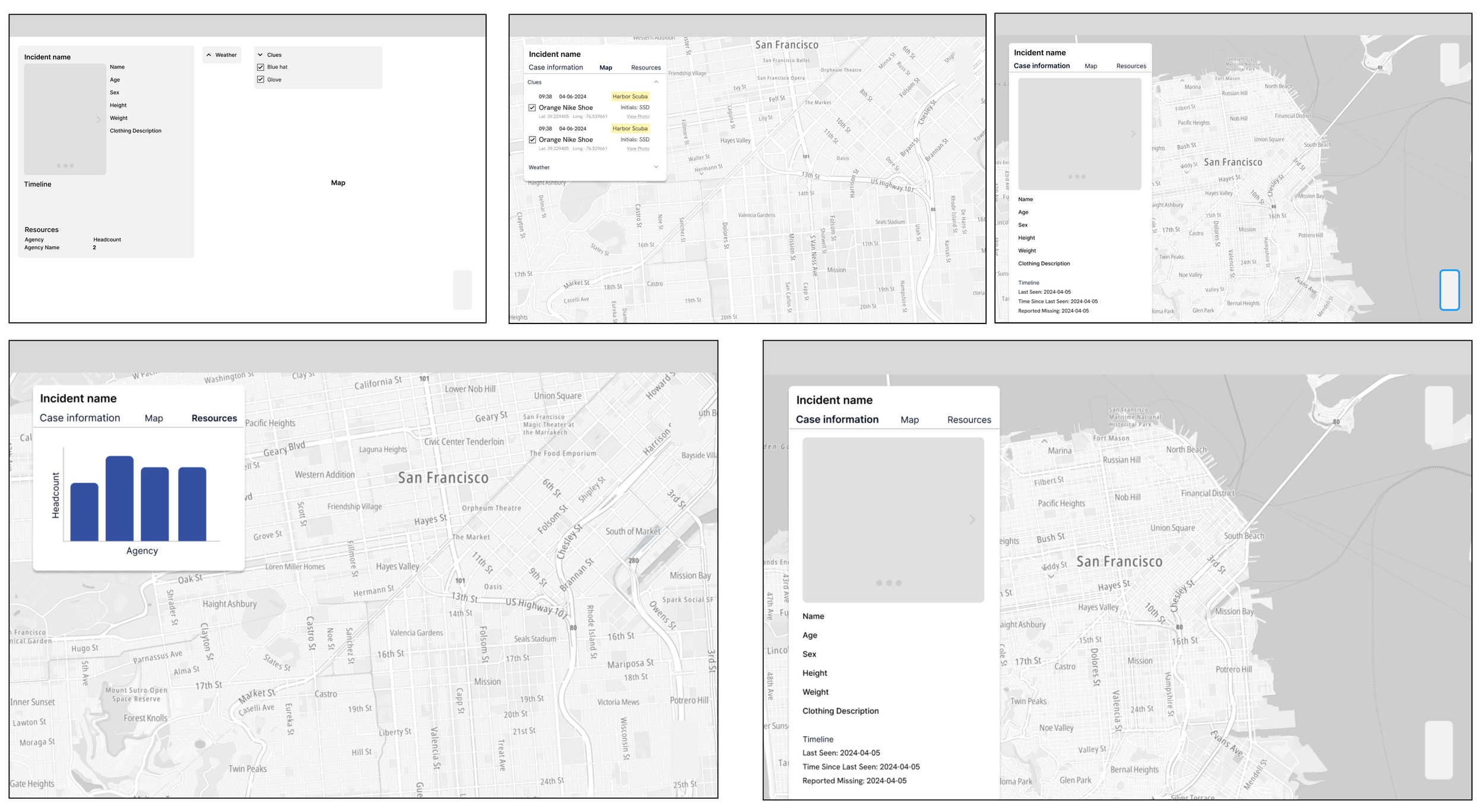For the dashboard redesign, I prioritized enlarging the map, as our research showed that key information often centered around location. I made the map interactive, displaying clues and the missing person’s last known location, and redesigned the lef