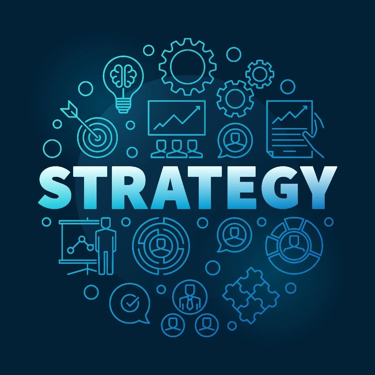 Digital graphic with the word 'STRATEGY' in large letters, surrounded by icons representing ideas, gears, target, charts, people, and data symbols in shades of blue on a dark background.