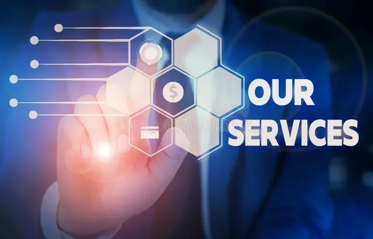 Digital graphic of a hand interacting with hexagonal icons representing financial and business services, with the text 'OUR SERVICES' on a blue background.
