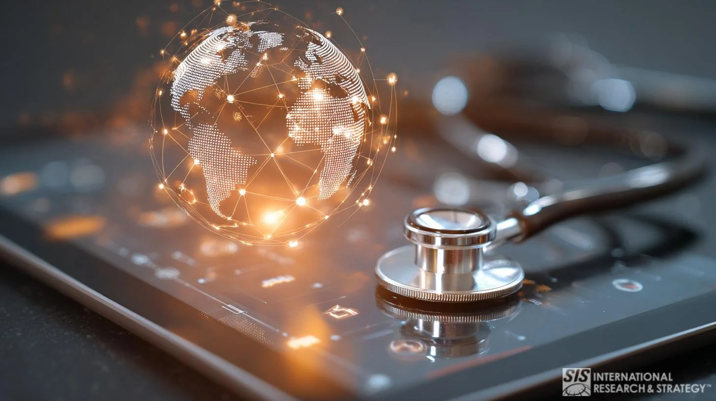 A digital illustration of a glowing globe with interconnected lines and bright points, placed on top of a medical tablet with a stethoscope, symbolizing global health and medical technology, with the SIS International Research & Strategy logo at the bottom right.
