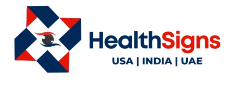 Logo for HealthSigns with the names USA, India, and UAE underneath.
