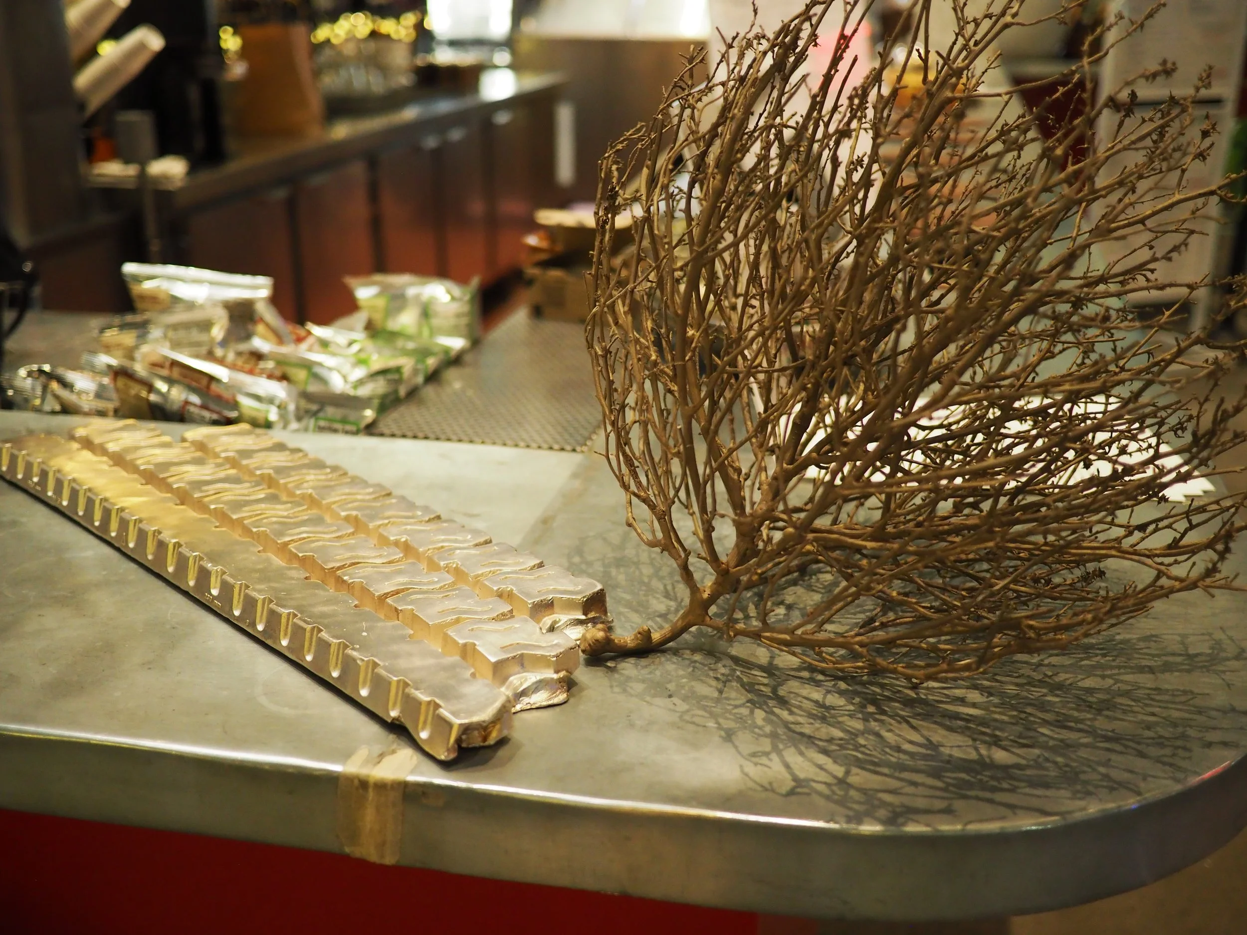 Decorative arrangement of brown, leafless branches on a countertop near a row of wrapped candy bars in a store or cafe setting.