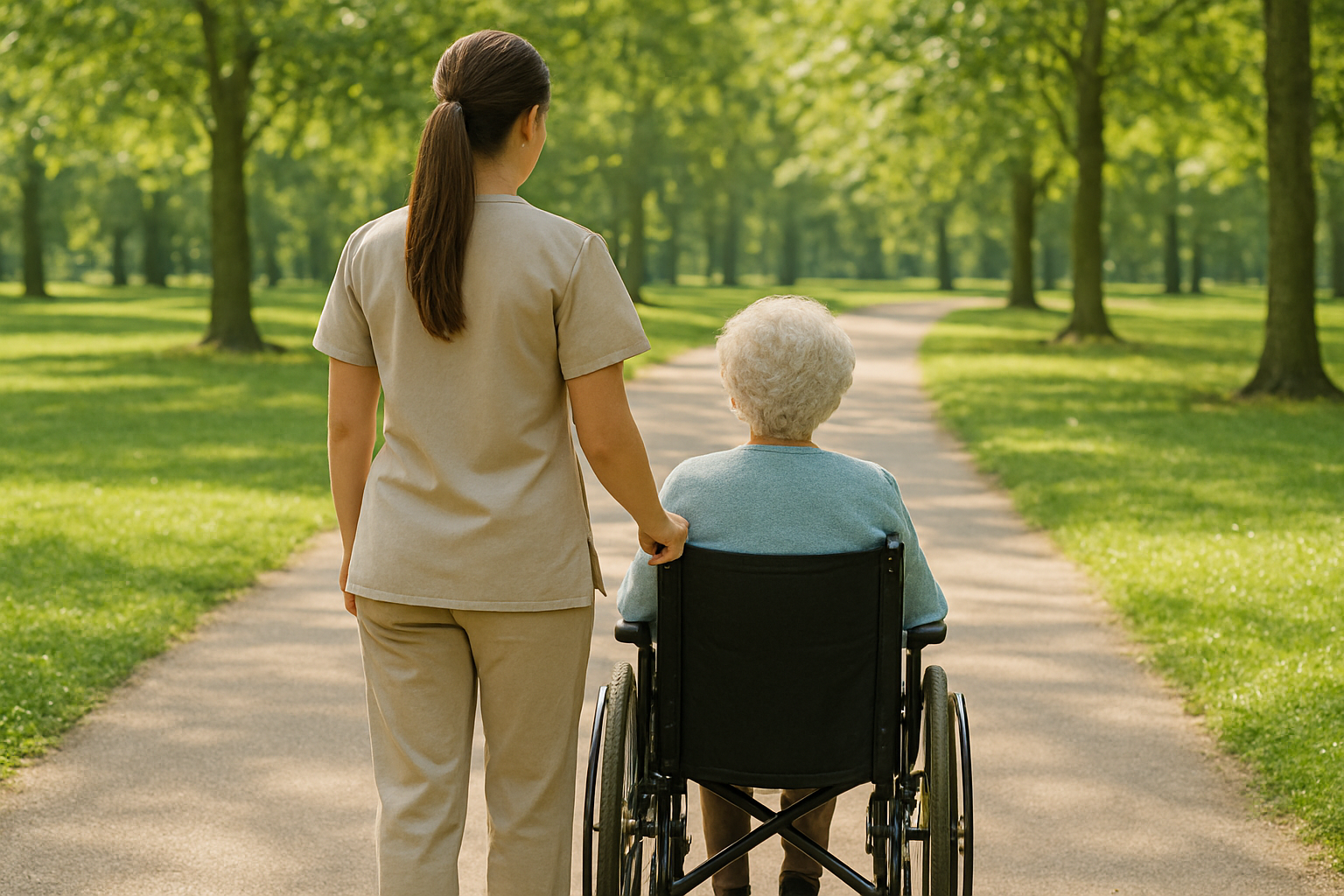 A caregiver pushing an elderly woman in a wheelchair along a winding park path surrounded by green trees. The Best Marin Home Care Services - Veranda.