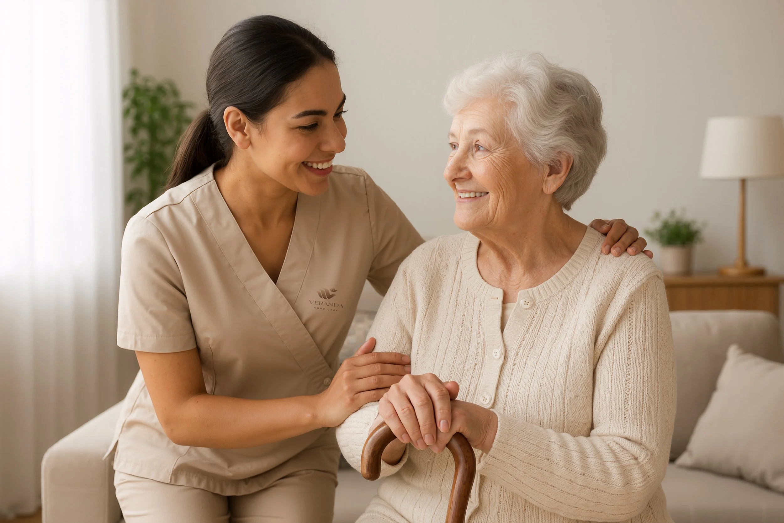 A caregiver and an elderly woman share a joyful moment indoors, with the caregiver holding the woman's shoulder and the woman holding a wooden cane. The Best Marin Home Care Services - Veranda.