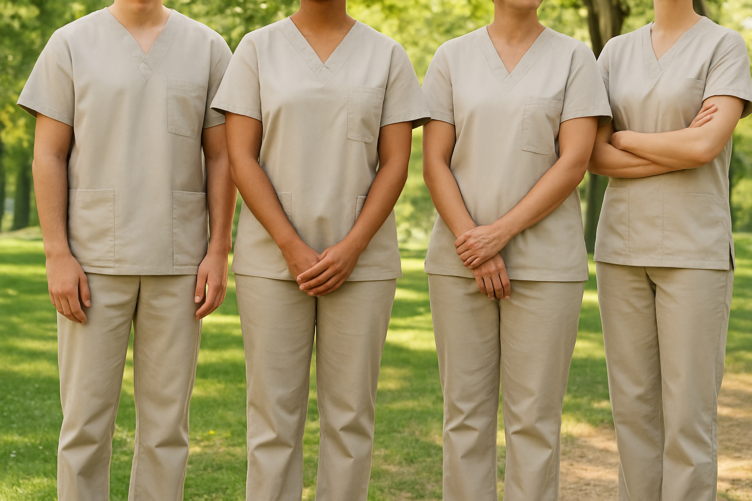 Group of four medical professionals standing outdoors, wearing beige scrubs. The Best Marin Home Care Services - Veranda.