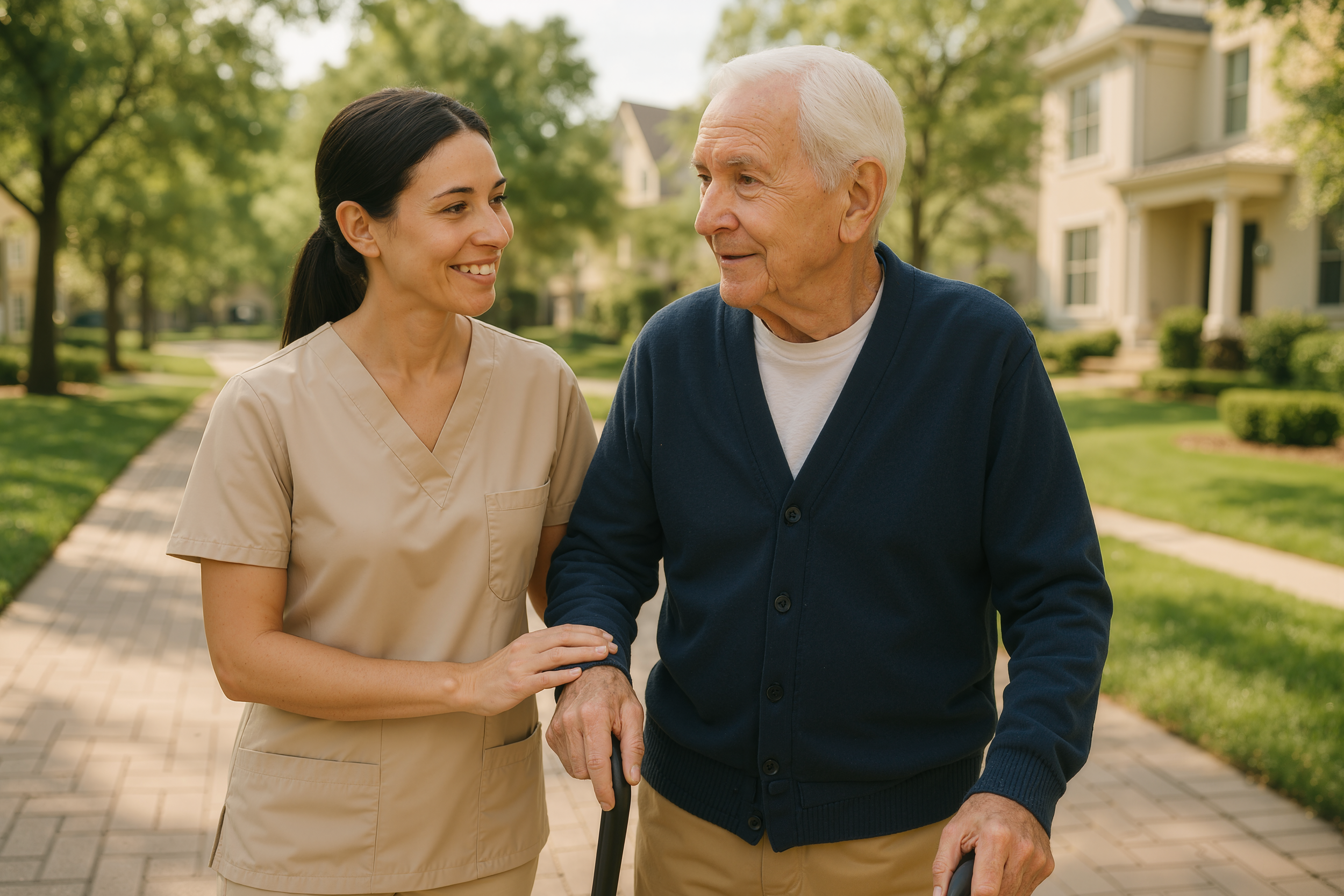 A female caregiver helping an elderly man with a walker outside on a sunny day in a residential neighborhood. The Best Marin Home Care Services - Veranda.