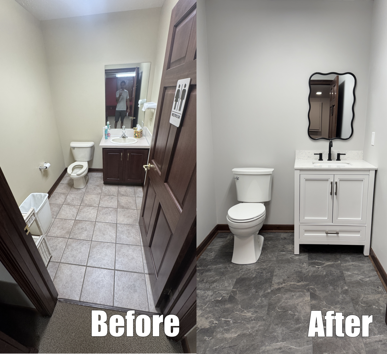 Before and After Photo - Bathroom: new flooring, toilet, vanity, mirror, hardware
