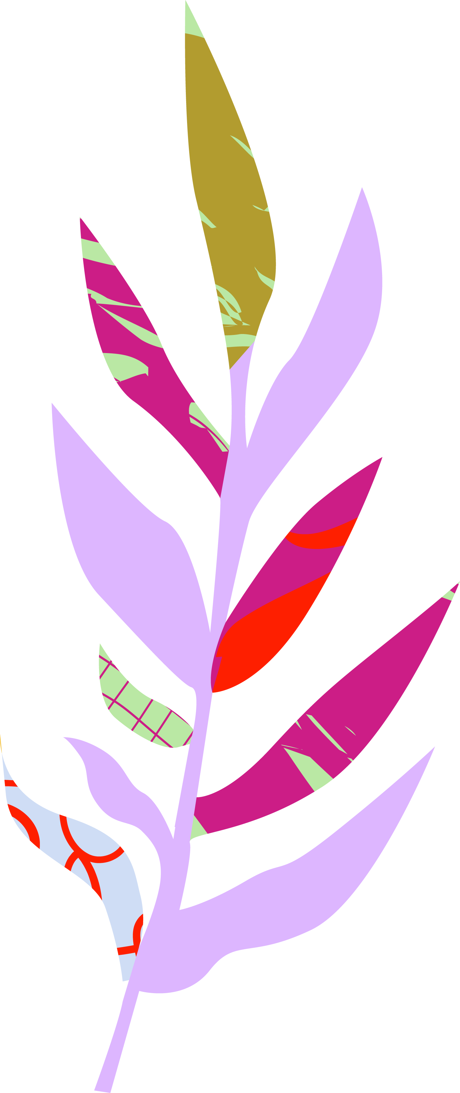 Colorful illustration of a stylized plant or leaf with multiple elongated leaves in shades of lavender, pink, red, mustard yellow, and patterned green and purple