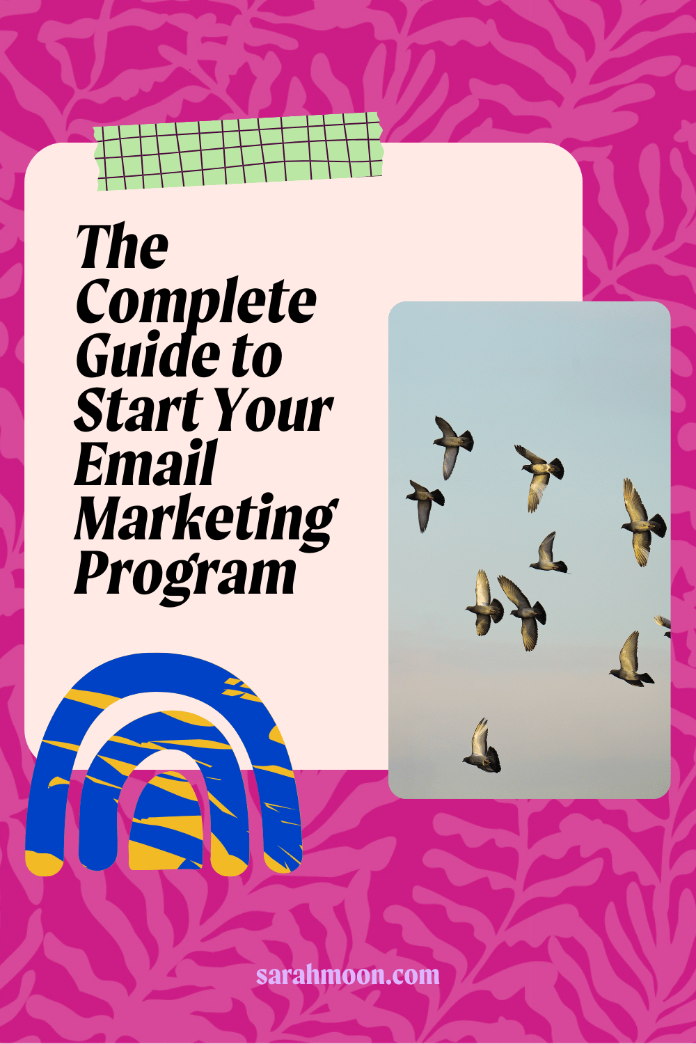 Pink background with "The complete guide to starting your email marketing program" with a photograph of pigeons flying.