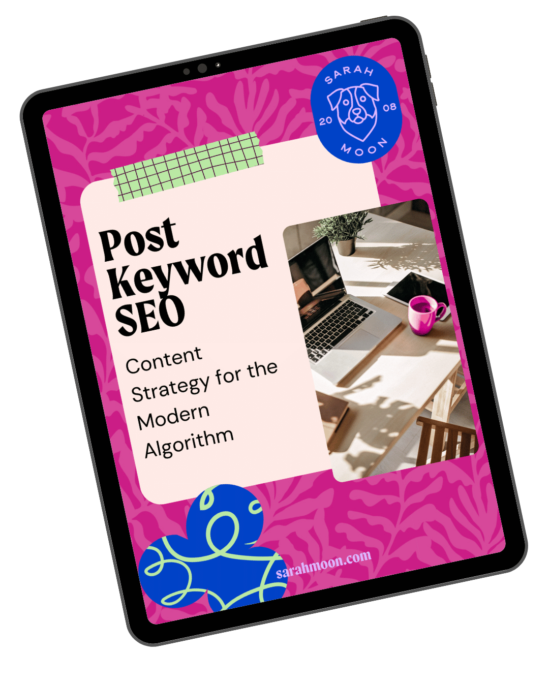 IPad mock up with pink background and the title "Post Keyword SEO"