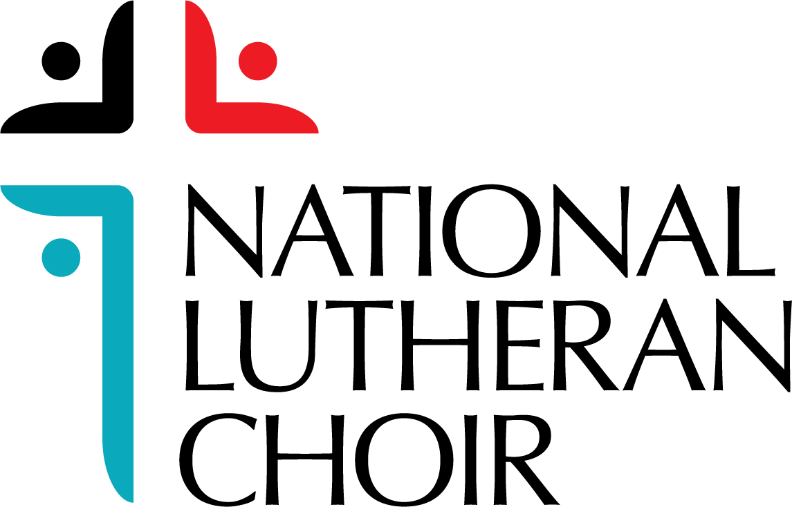 Logo of national lutheran choir featuring stylized red and blue or green abstract shapes resembling a person.