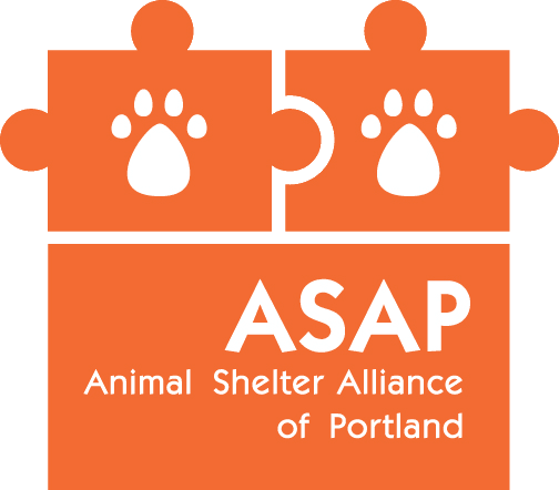 Logo of A.S.A.P. Animal Shelter Alliance of Portland with orange puzzle piece design and white paw print.