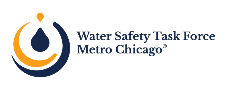 Logo of Water Safety Task Force Metro Chicago with a water droplet and circular waves.