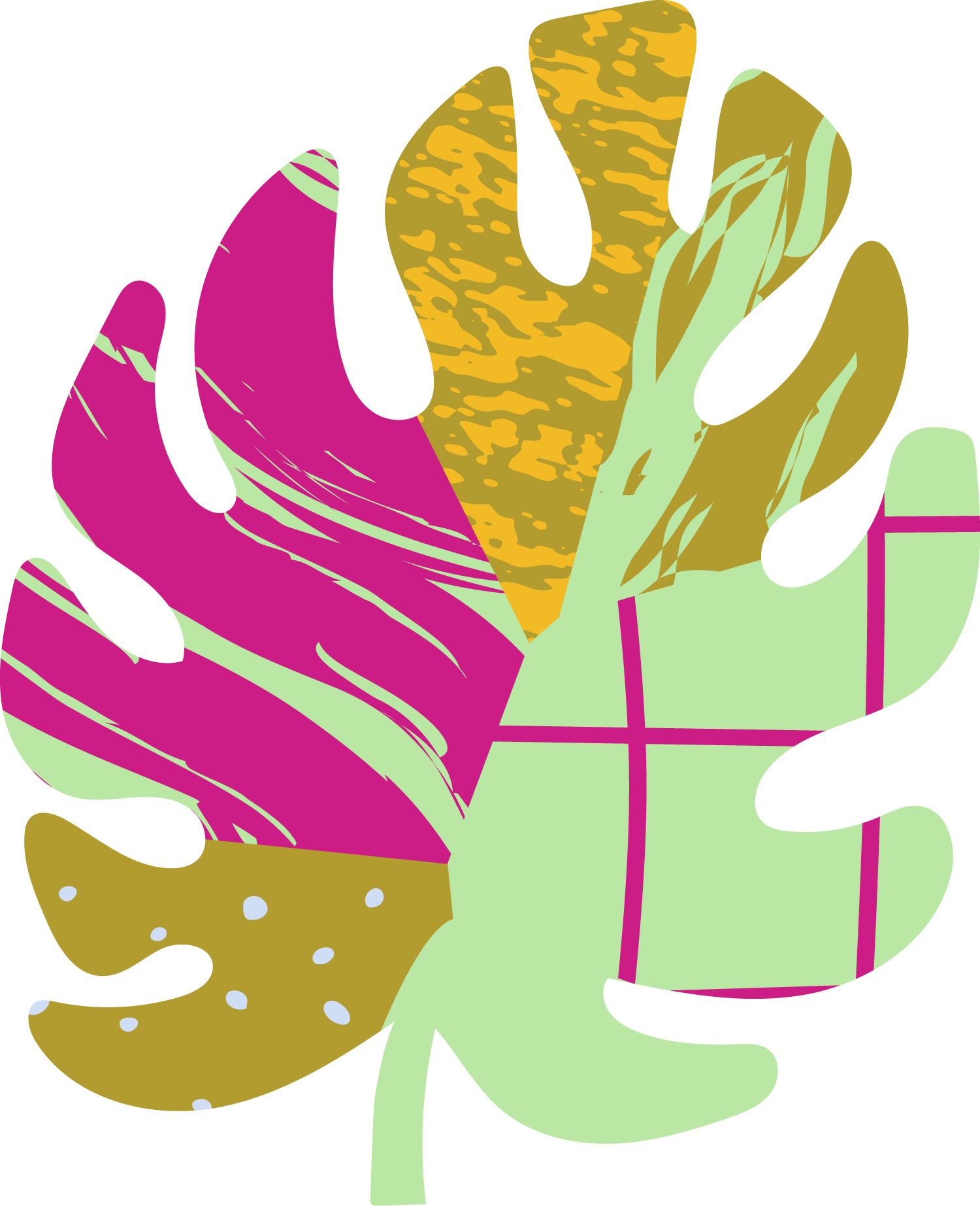 Illustration of a monstera leaf with multiple colorful patterns including pink, yellow, green, and brown.
