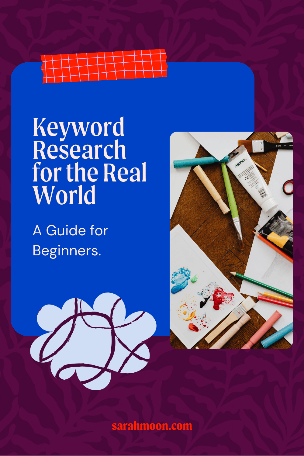 Purple floral background with the text " Keyword Research for the Real World" and a photo of art supplies.