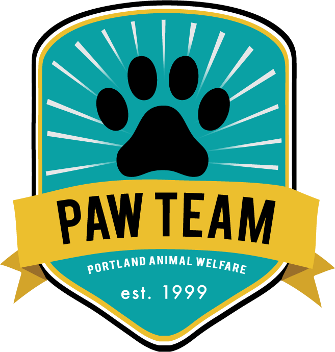 Logo for Portland Animal Welfare's PAW TEAM featuring a black paw print above a yellow banner with bold black text and a teal shield background.