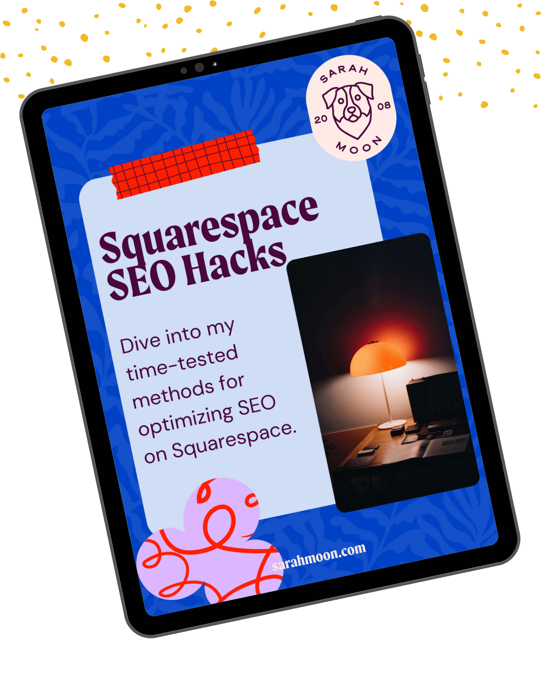 Screenshot of a website page about a Squarespace SEO hacks course by Sarah Moon Consulting, showcasing a black and white themed design with a photo of a woman on a computer and text about transforming a Squarespace site into an SEO powerhouse.