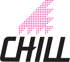 Logo with pink dots forming a feather shape and the word 'CHILL' in black, stylized text