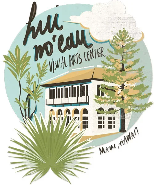 Colorful illustration of theHui No'eau Visual Arts Center in Maui, Hawaii, featuring a multi-story building, palm trees, and lush greenery.