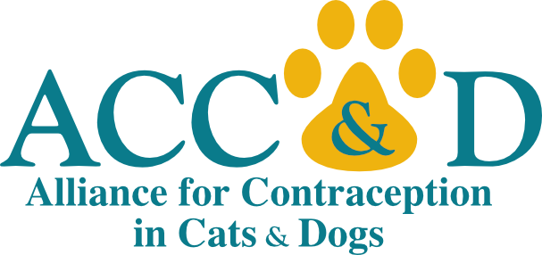 Logo for ACC&D, Alliance for Contraception in Cats & Dogs, featuring blue and gold text with a paw print