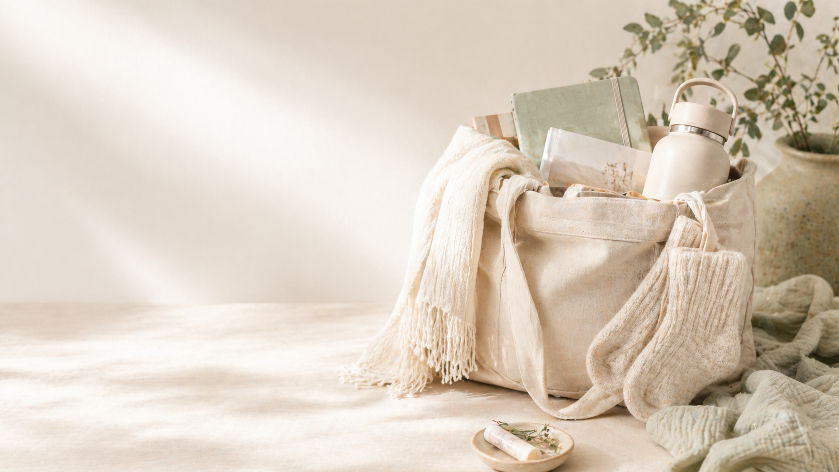 A thoughtfully packed hospital bag with comfort items, a journal, and small touches of home for a hospital stay