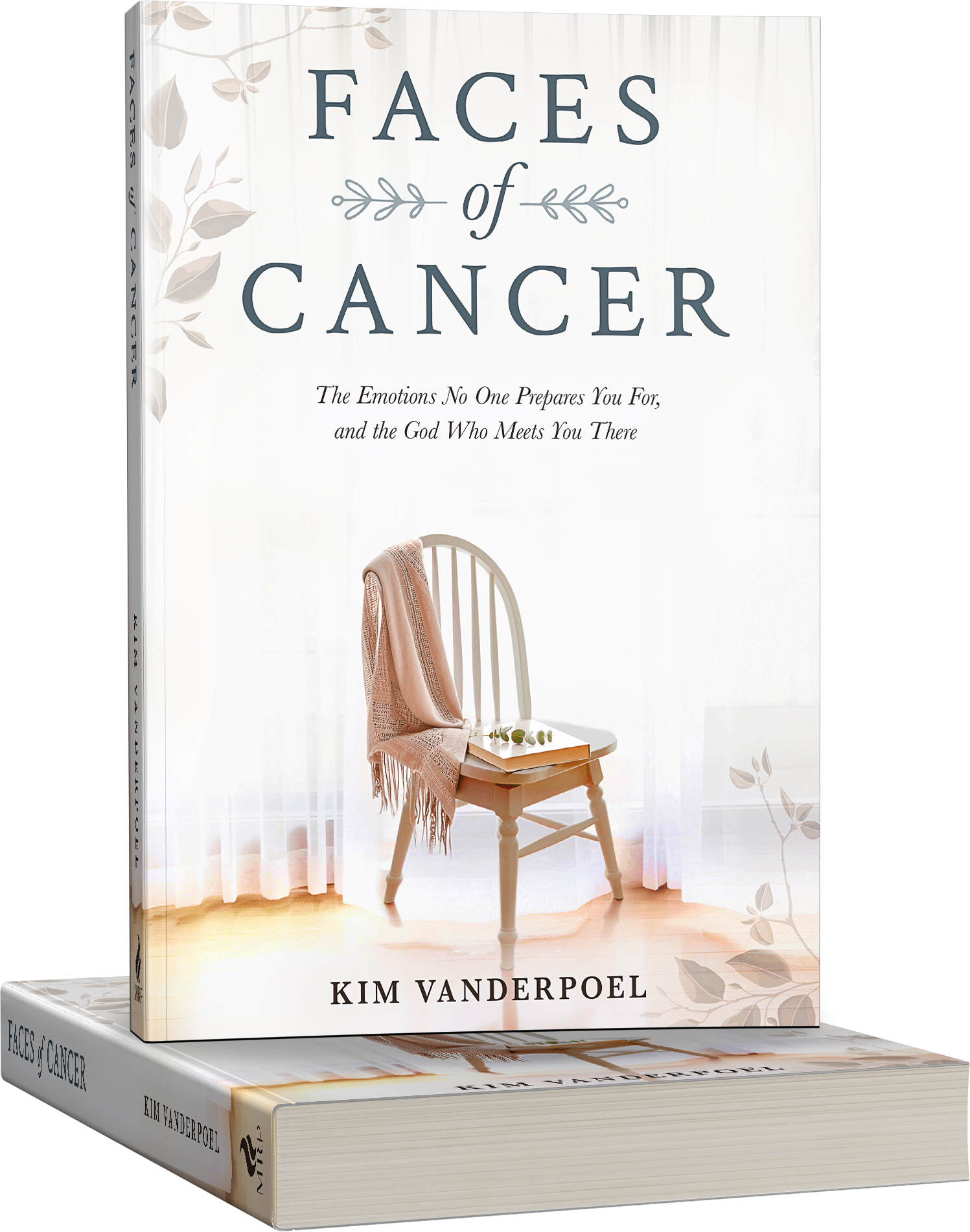 Book titled 'Faces of Cancer' by Kim Vanderpoel with a white chair, pink blanket, and a book on the seat, in front of sheer white curtains and light wood floor.