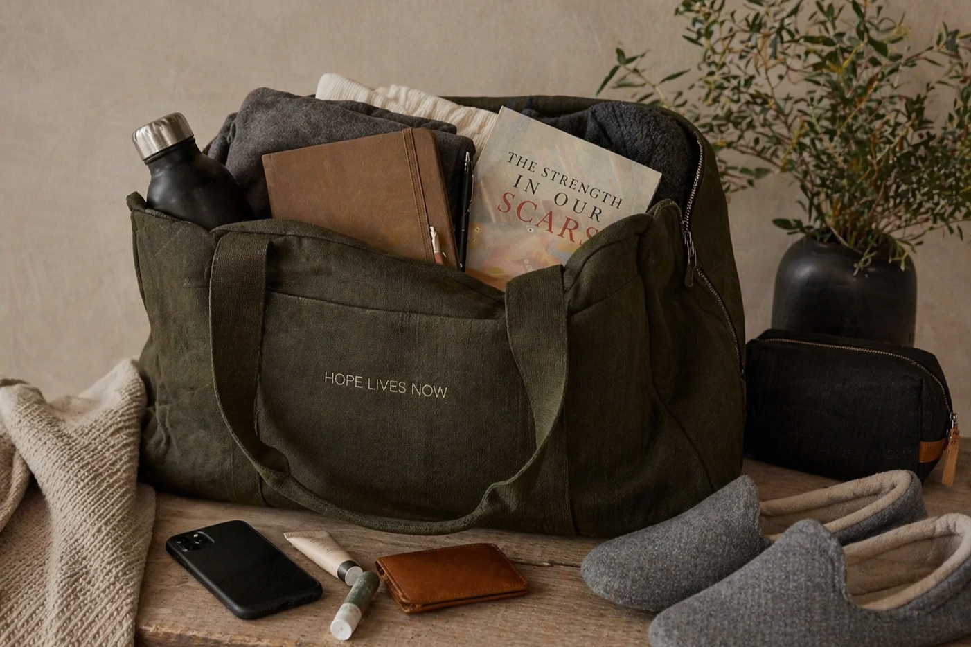 Open olive green duffel bag with items inside and outside on a wooden surface. Inside the bag are a water bottle, a notebook, and a magazine titled 'The Strength in Our Scars.' Outside the bag are a smartphone, a small brown wallet, a tube of lotion, a pair of gray socks, and a black zippered pouch. In the background, there is a black vase with green plant leaves.