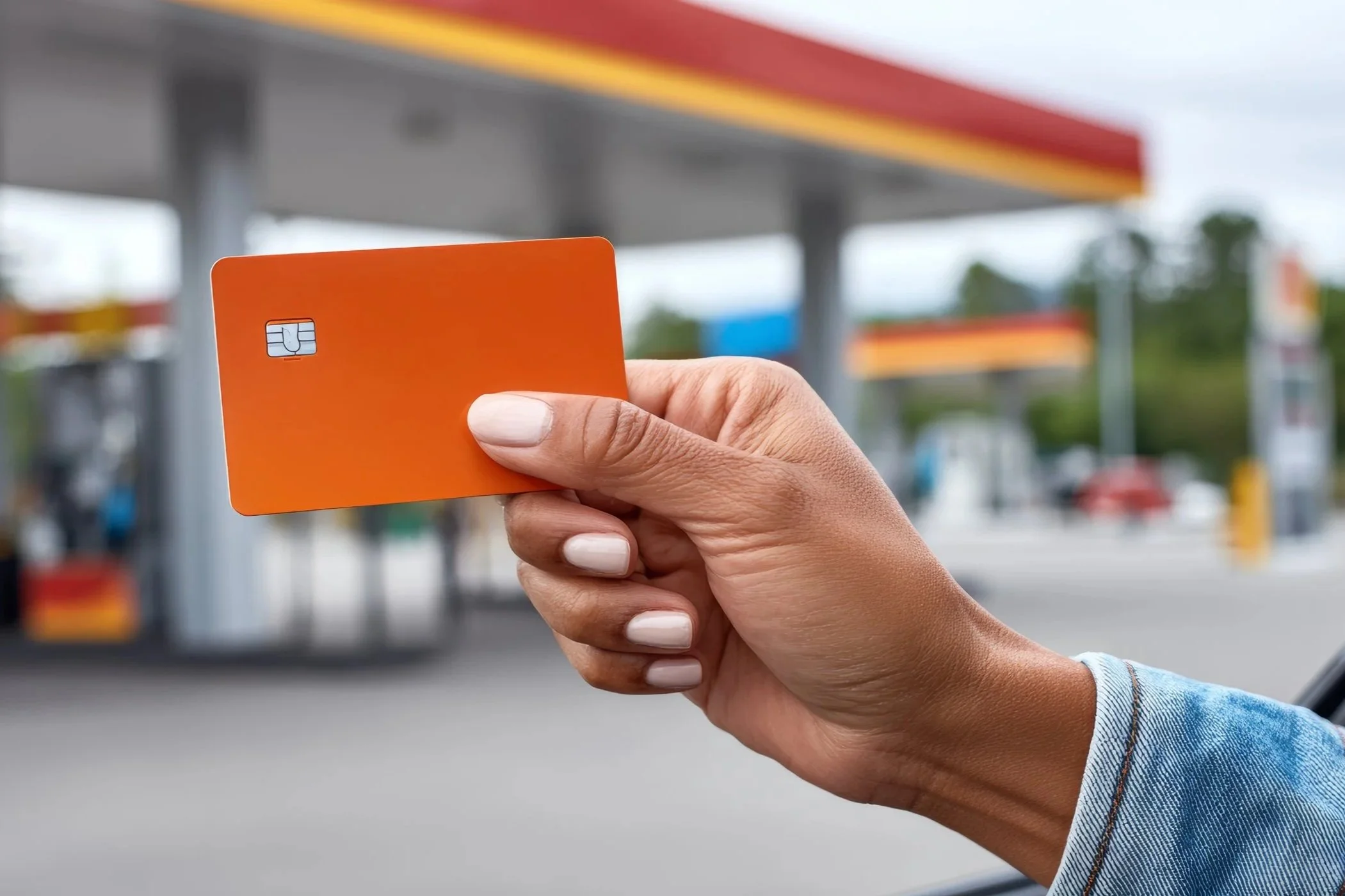 Close-up of a hand holding an orange credit card in front of a gas station