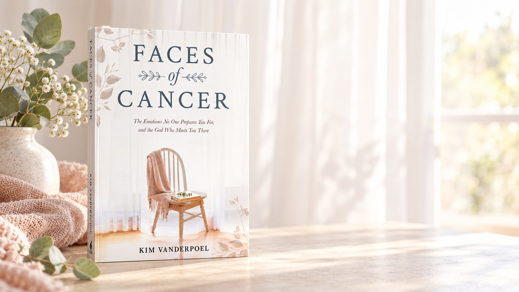 A book titled 'Faces of Cancer' by Kim Vanderpoel standing on a wooden surface next to a vase with white flowers and greenery. The background features sheer white curtains and sunlight streaming through a window.