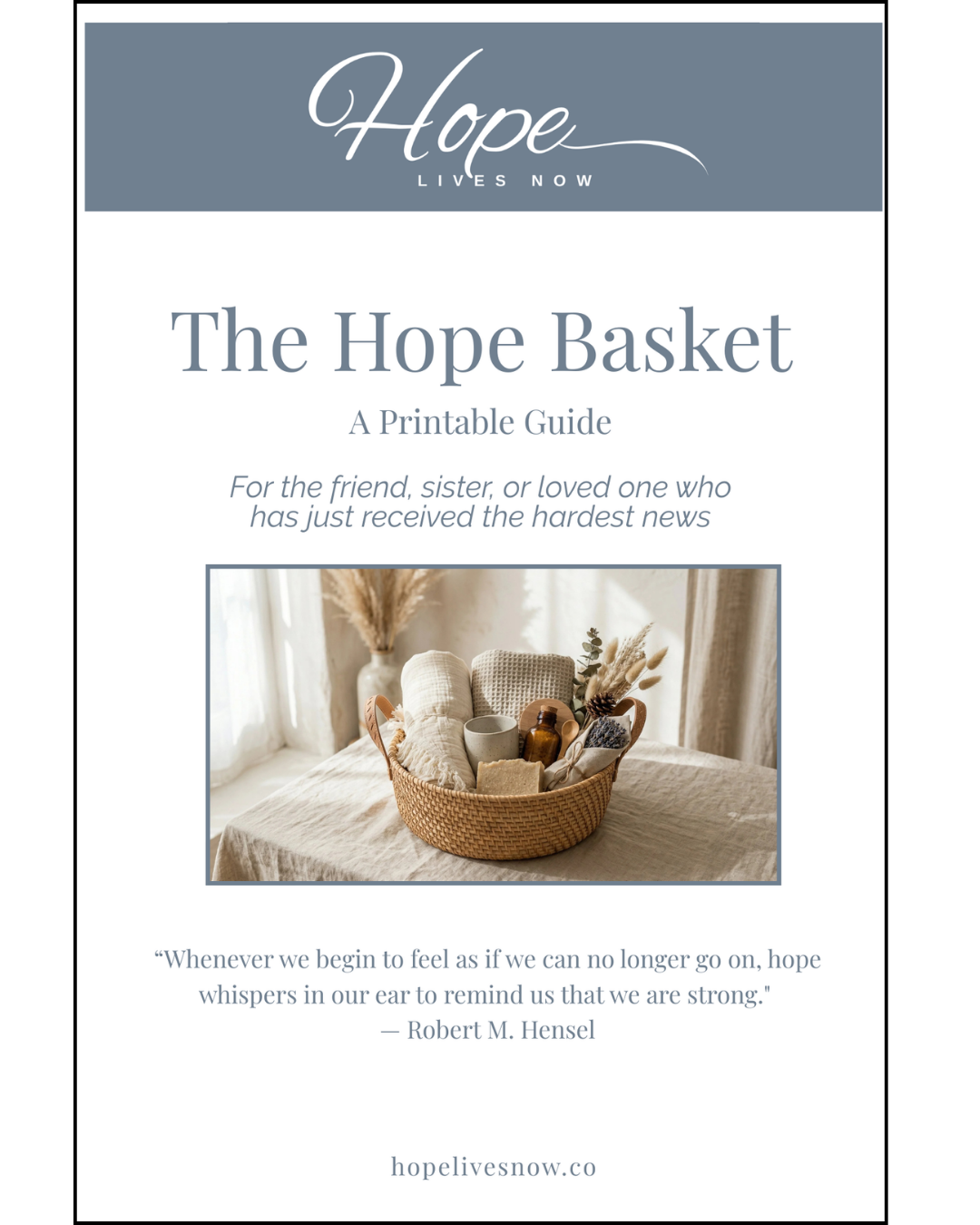 A printable guide titled "The Hope Basket" with a photo of a woven basket containing towels, a cup, a bottle, and natural decor, set on a table with a light-colored curtain and dried plants in the background.