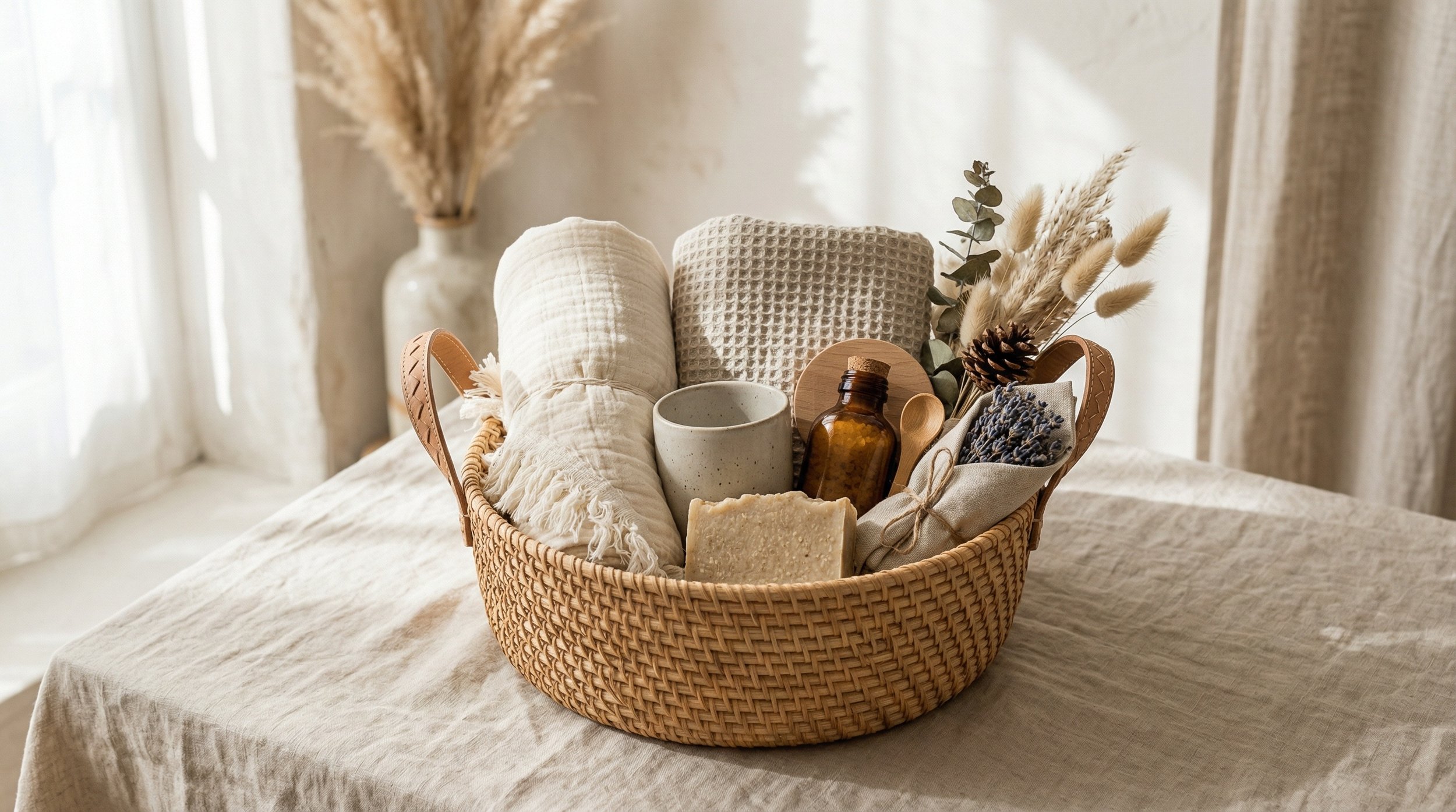 A curated Hope Basket with a journal, candle, scripture card, and soft textures for a friend facing cancer