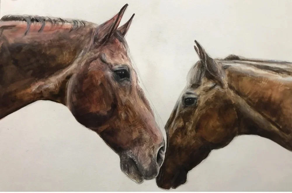 Painting of two horses touching noses against a plain background.