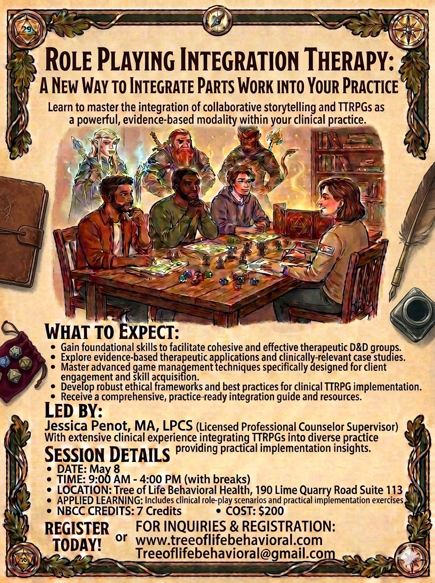 Poster for a workshop on role-playing integration therapy showing a group of people around a table with tabletop game pieces, fantasy characters, and books, with fantasy-themed elements and a mystical theme.
