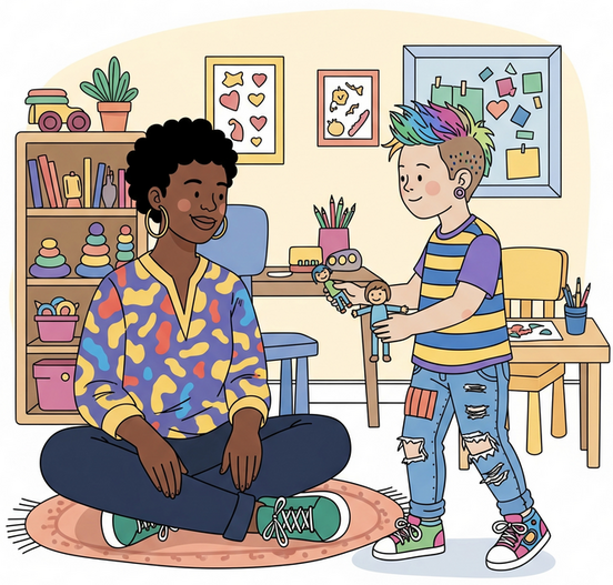 A young black woman with short curly hair and large hoop earrings sitting cross-legged on a rug in a colorful room, smiling at a young boy with rainbow-colored hair who is holding a wooden doll and a small skeleton toy.