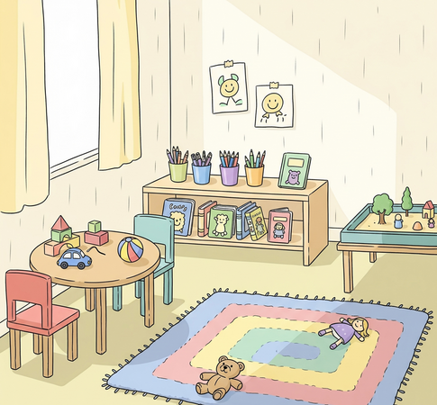 Child's playroom with toys on a table, stuffed animals on a rug, books, and drawings on the wall