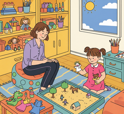 A woman and a young girl playing with a toy sand tray in a playroom, with toys and shelves in the background and a sunny sky outside the window.