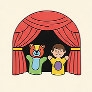 Two children on a stage with a clown puppet, red curtains framing the scene.
