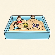 Four children in a plastic sandbox with toy animals and sand.