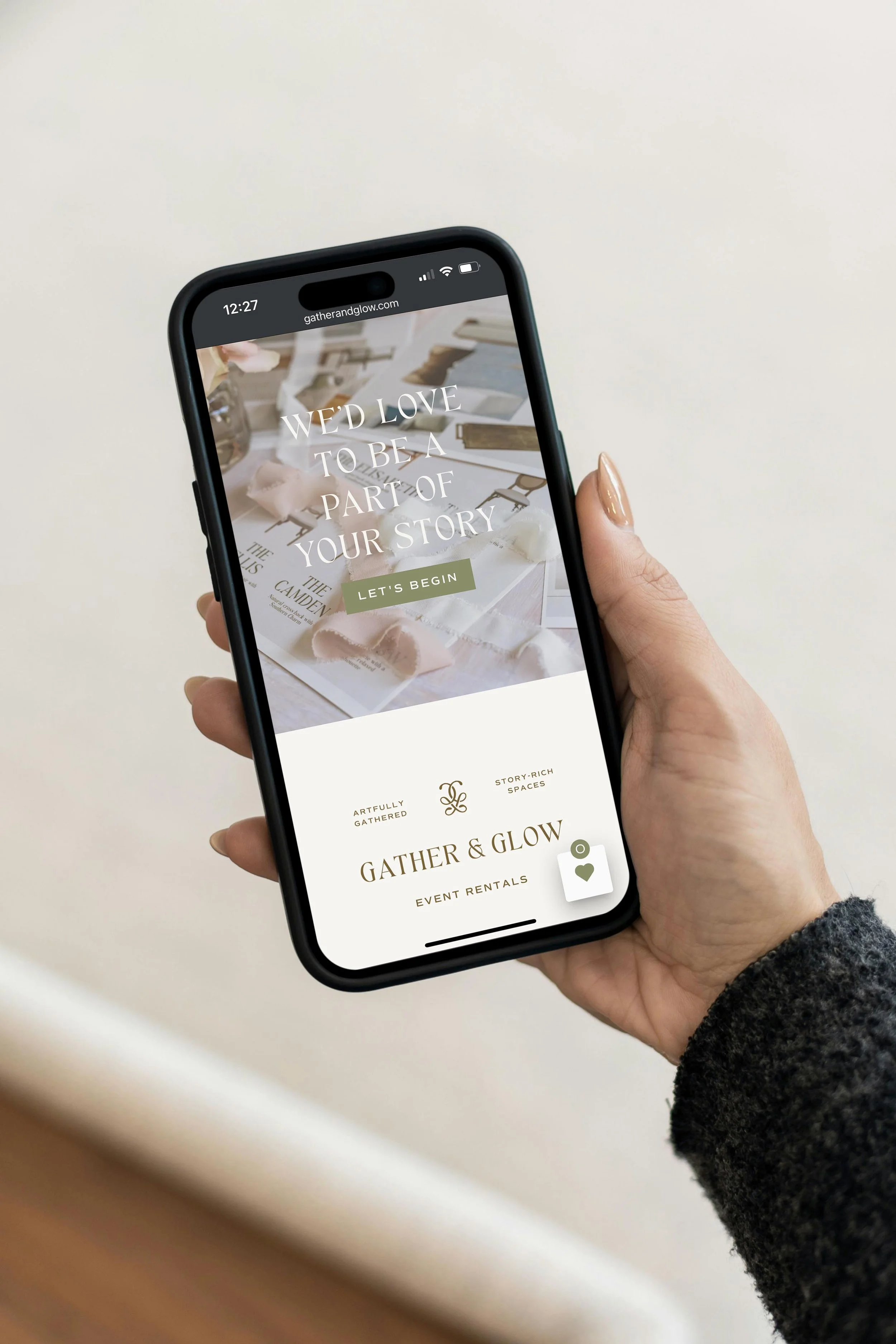 iPhone displaying the Gather & Glow Event Rentals website homepage CTA section