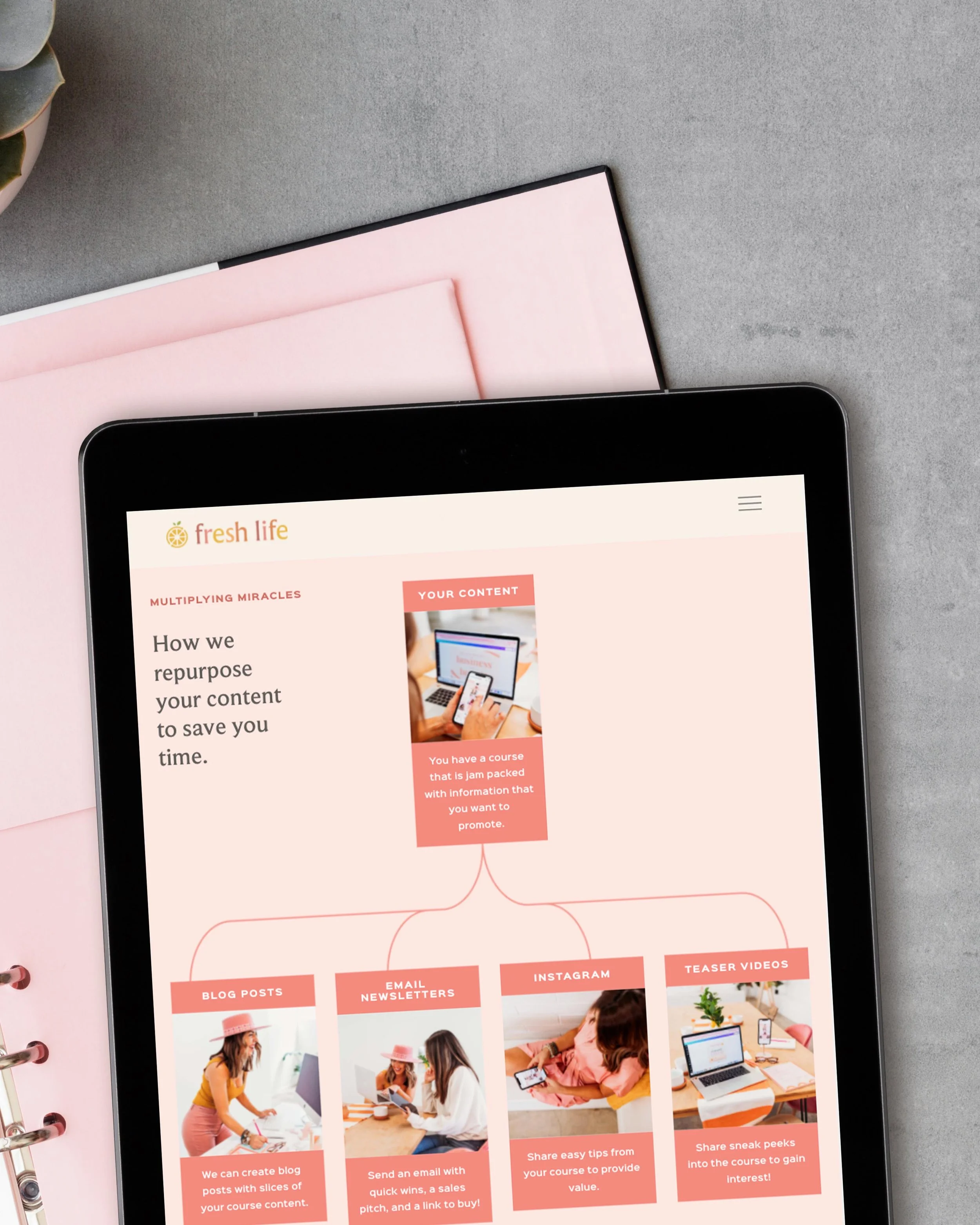 tablet displaying Fresh Life's website