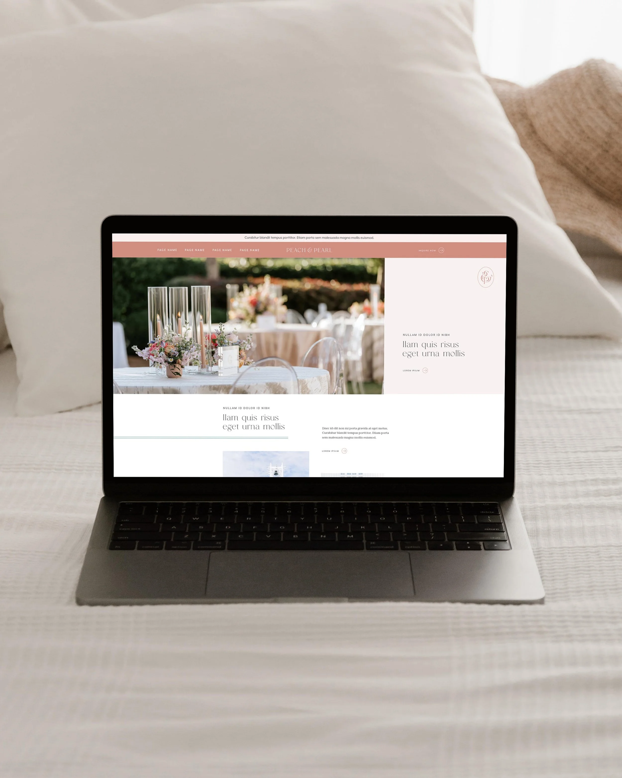 laptop displaying the Peach & Pearl Events website homepage