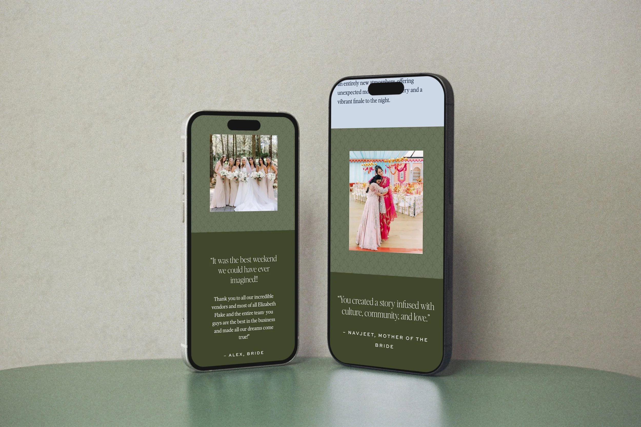 two iPhones displaying the Elizabeth Flake Events website design