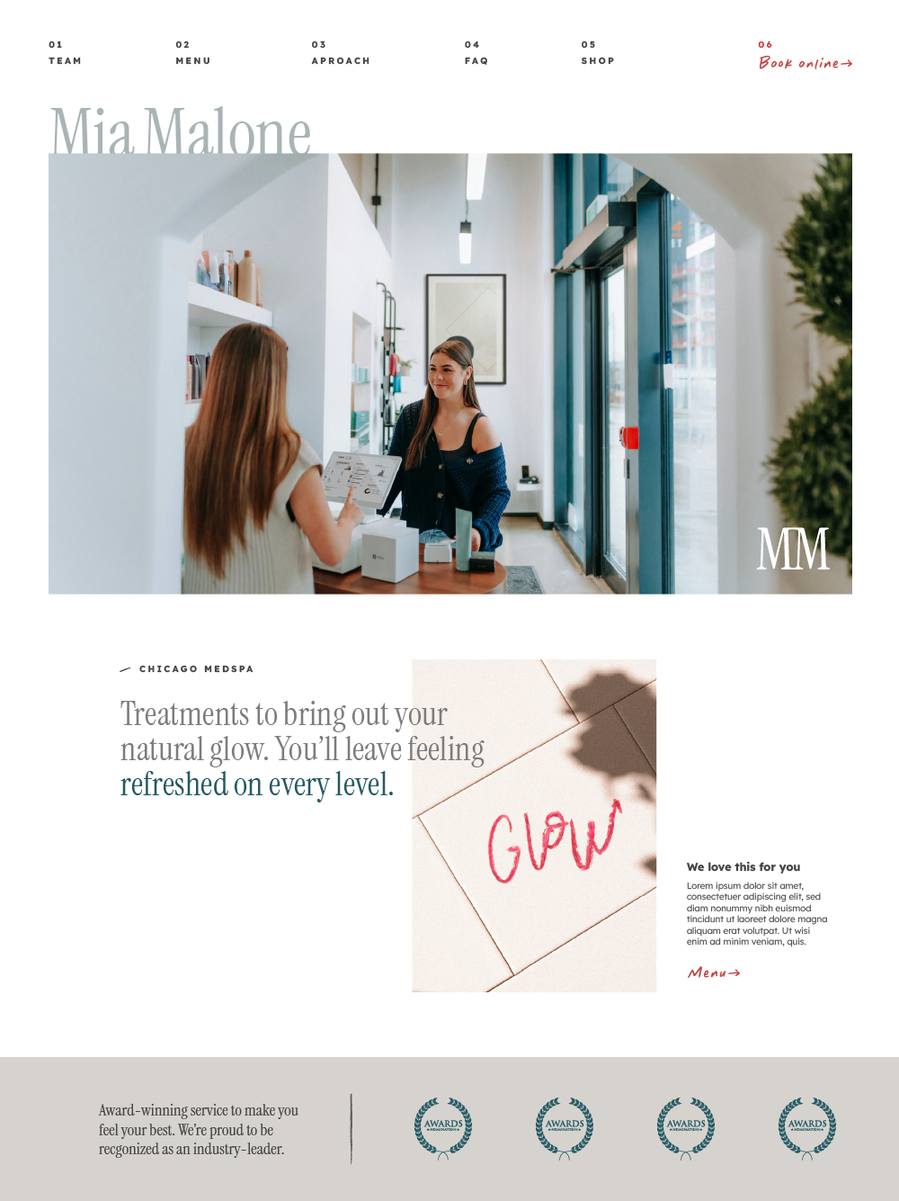 Mia Malone medspa design using The Blair website design framework