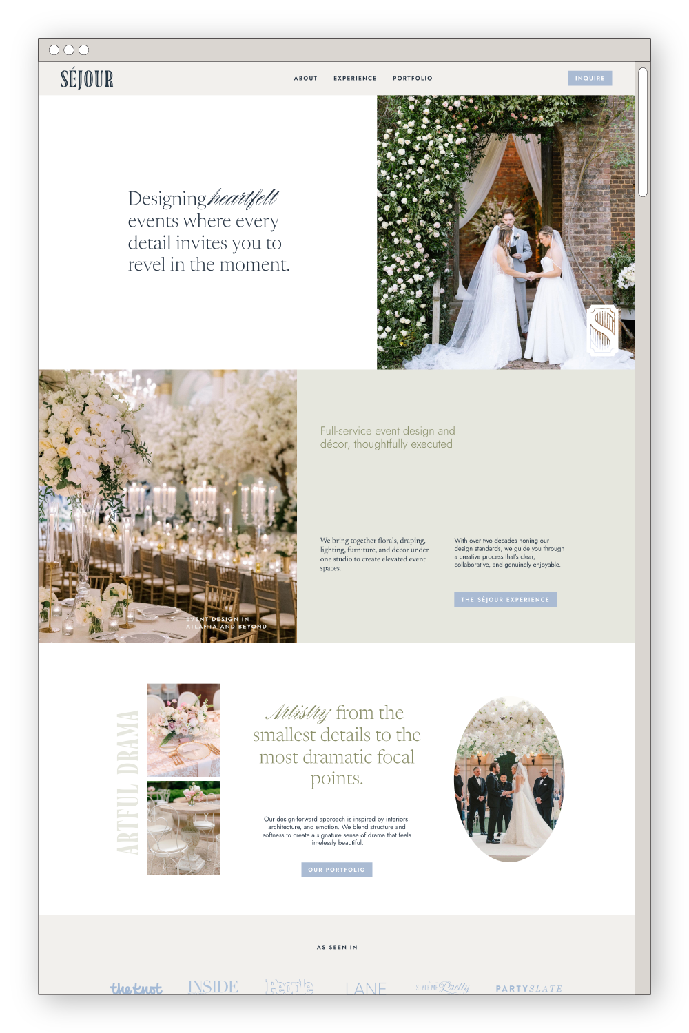 Sejour Event Rentals website design homepage