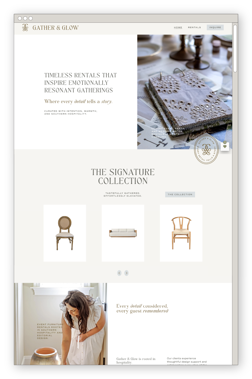 Gather & Glow Event Rentals website design homepage