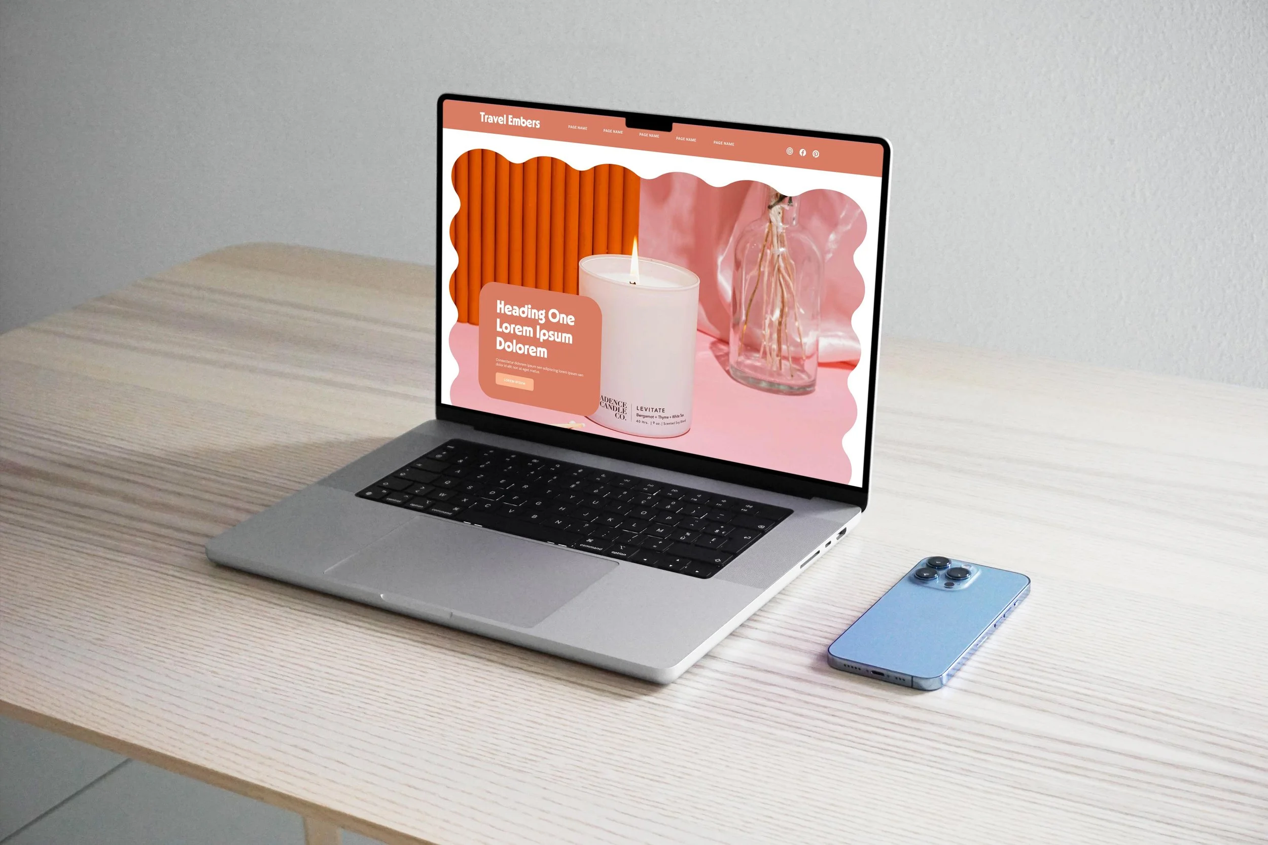 The Hue template homepage, mocked up on a laptop