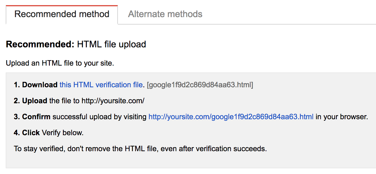 Google Search Console interface for verifying you site