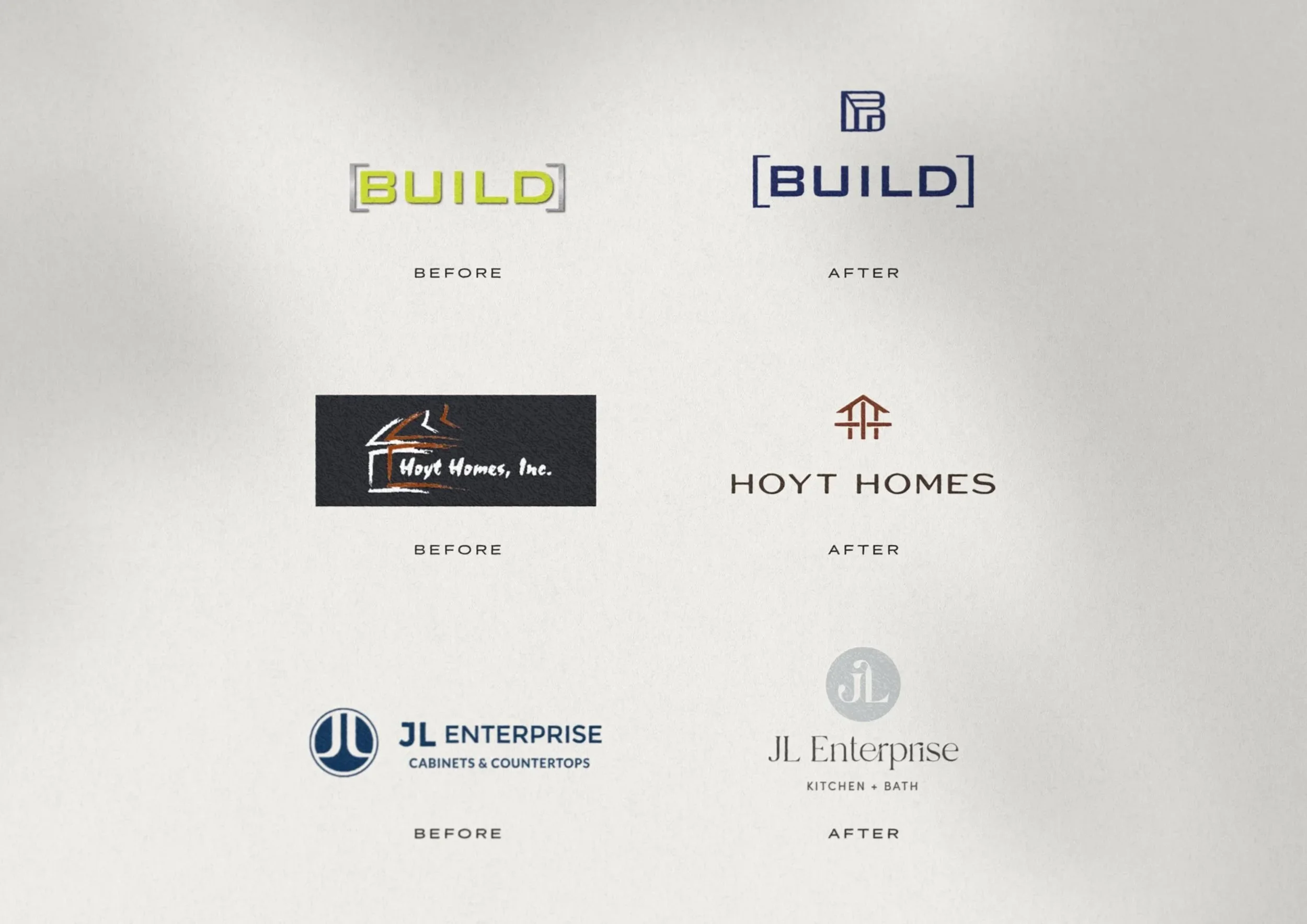 logo before and afters for Build, Hoyt Homes, and JL Enterprise