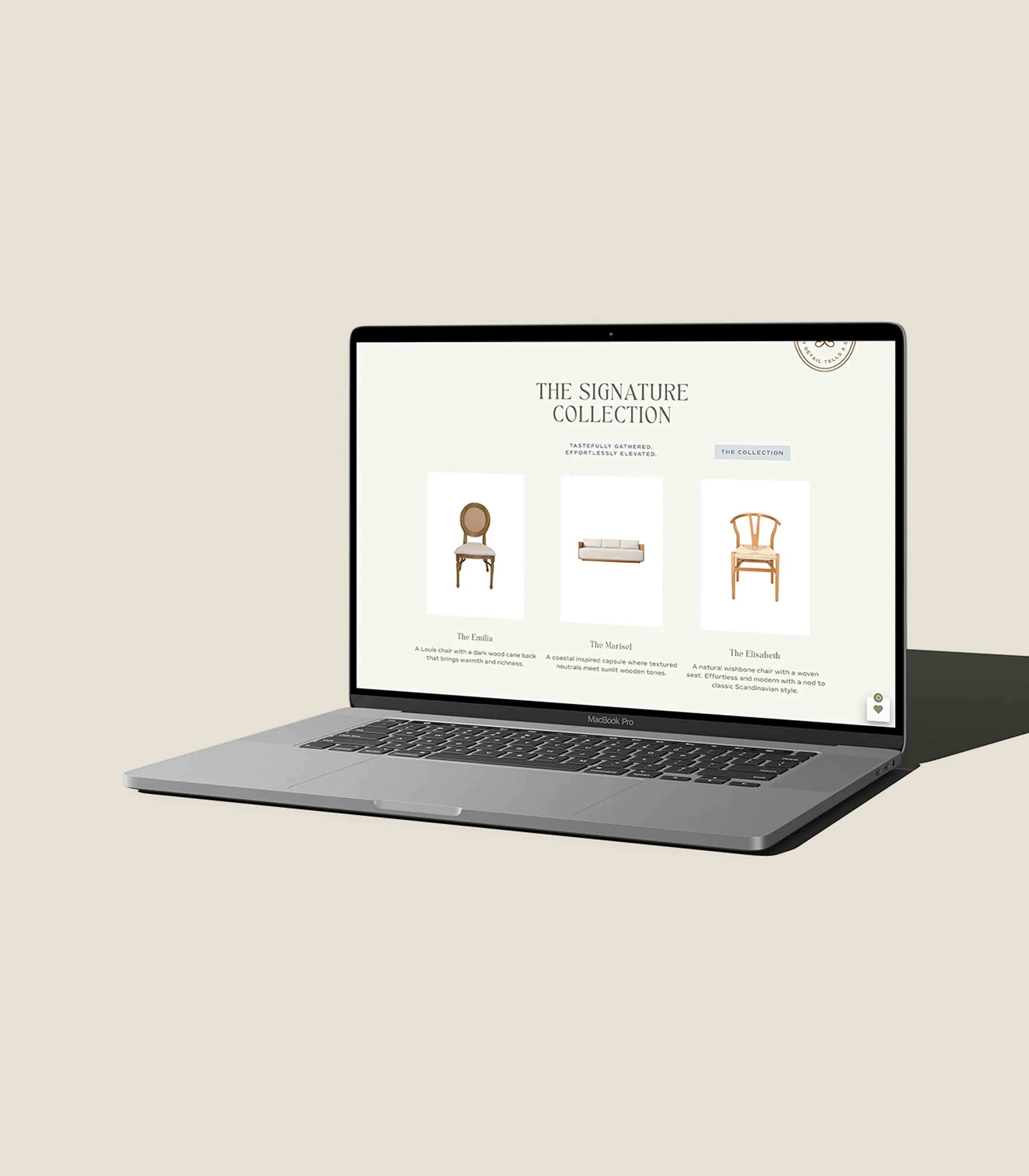 laptop displaying the Gather & Glow Event Rentals website homepage